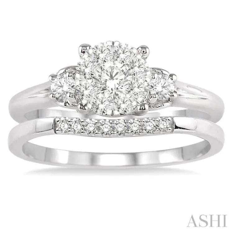 1/2 Ctw Diamond Wedding Set with 1/2 Ctw Lovebright Engagement Ring and 1/20 Ctw Wedding Band in 14K White Gold