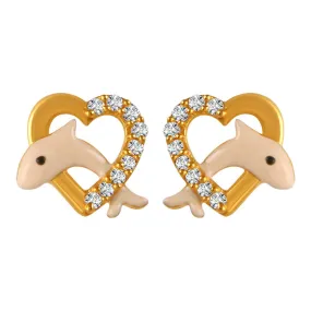 22k Gold Earrings With Peach Dolphin Motifs In Stone-studded Hearts