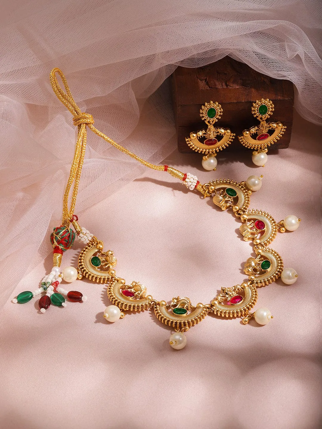 22KT Gold Plated Brass Red And Green Stone Studded Pearls Hanging Jewellery Set