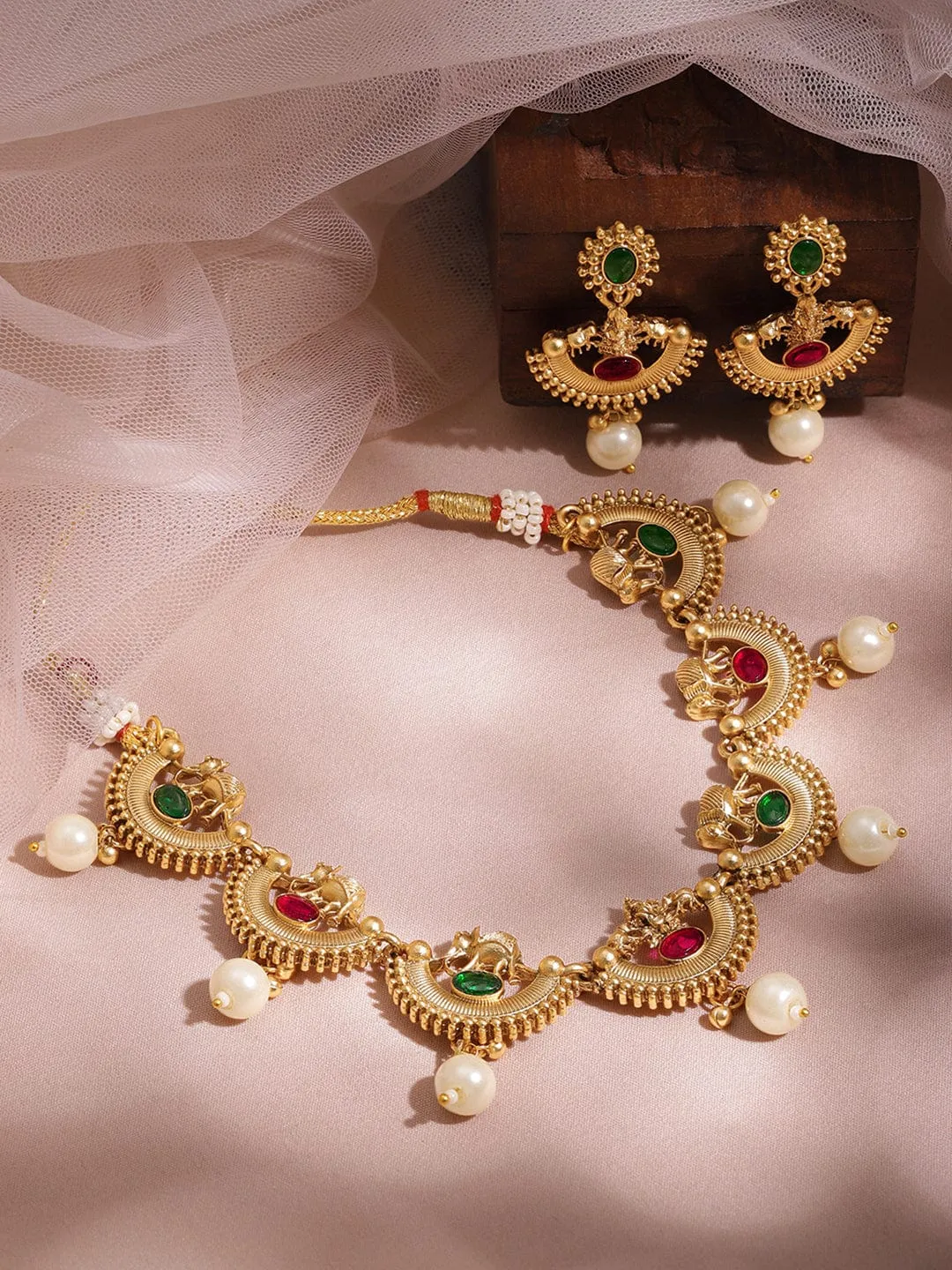22KT Gold Plated Brass Red And Green Stone Studded Pearls Hanging Jewellery Set