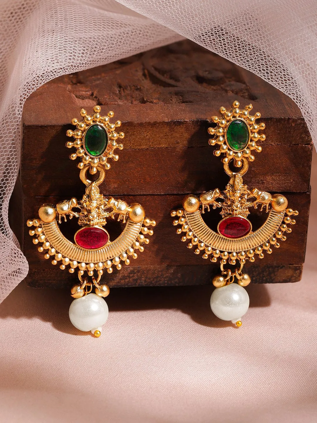 22KT Gold Plated Brass Red And Green Stone Studded Pearls Hanging Jewellery Set