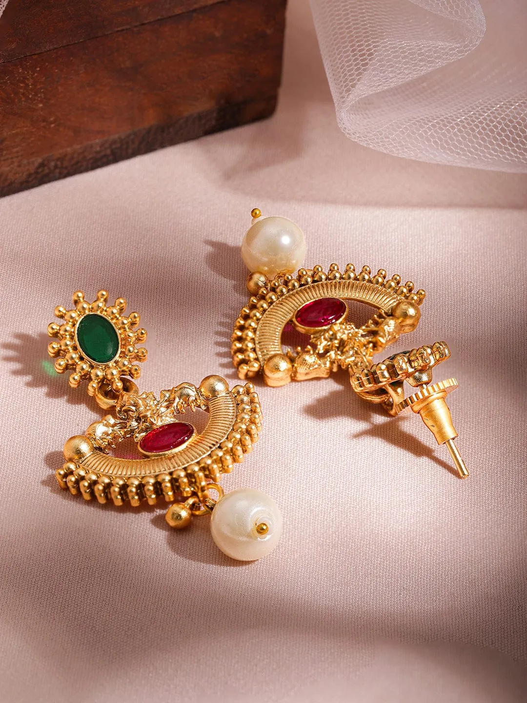 22KT Gold Plated Brass Red And Green Stone Studded Pearls Hanging Jewellery Set