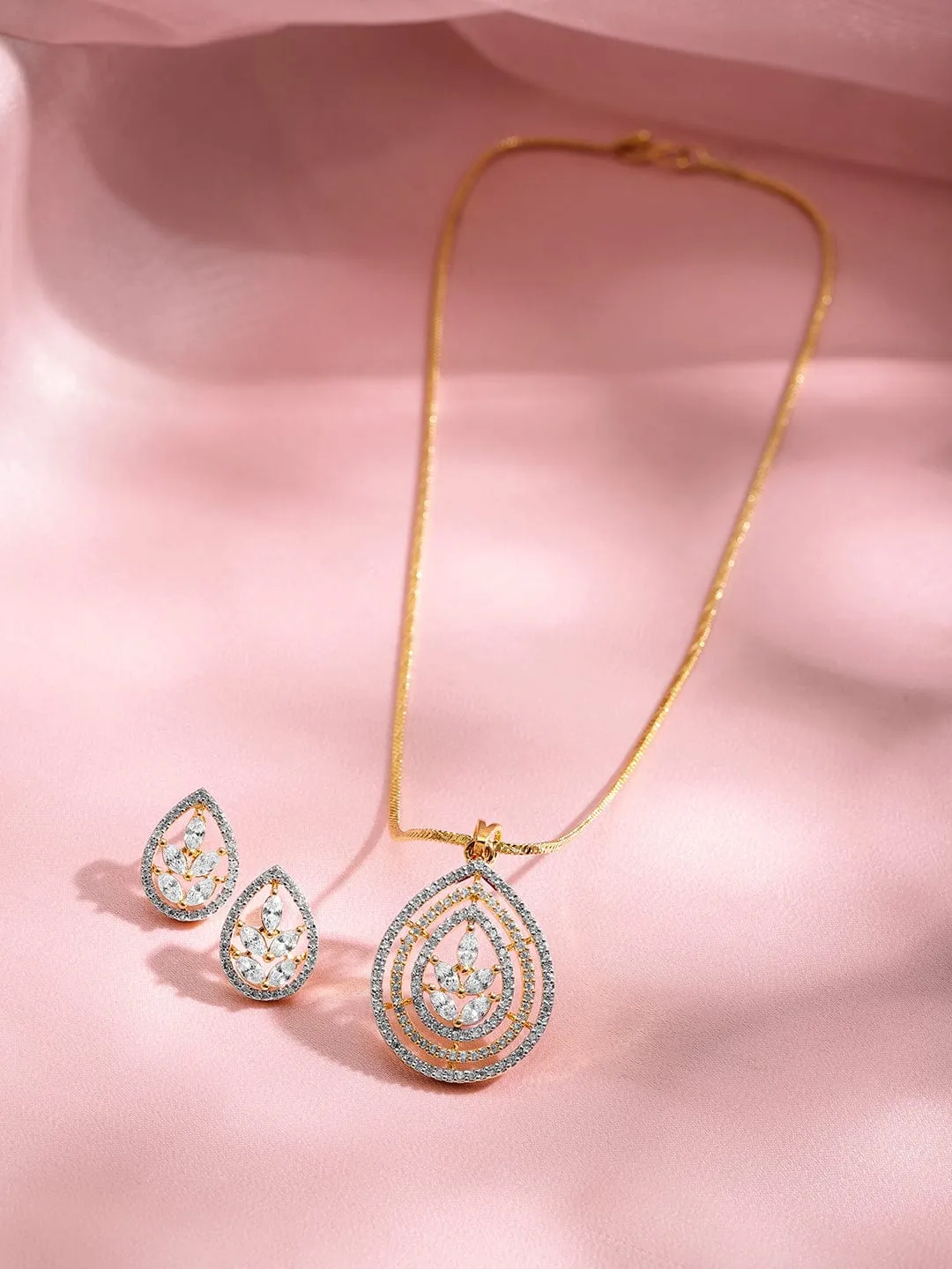 22KT Gold Plated Cubic Zirconia Stone Studded Floral Pendent Set