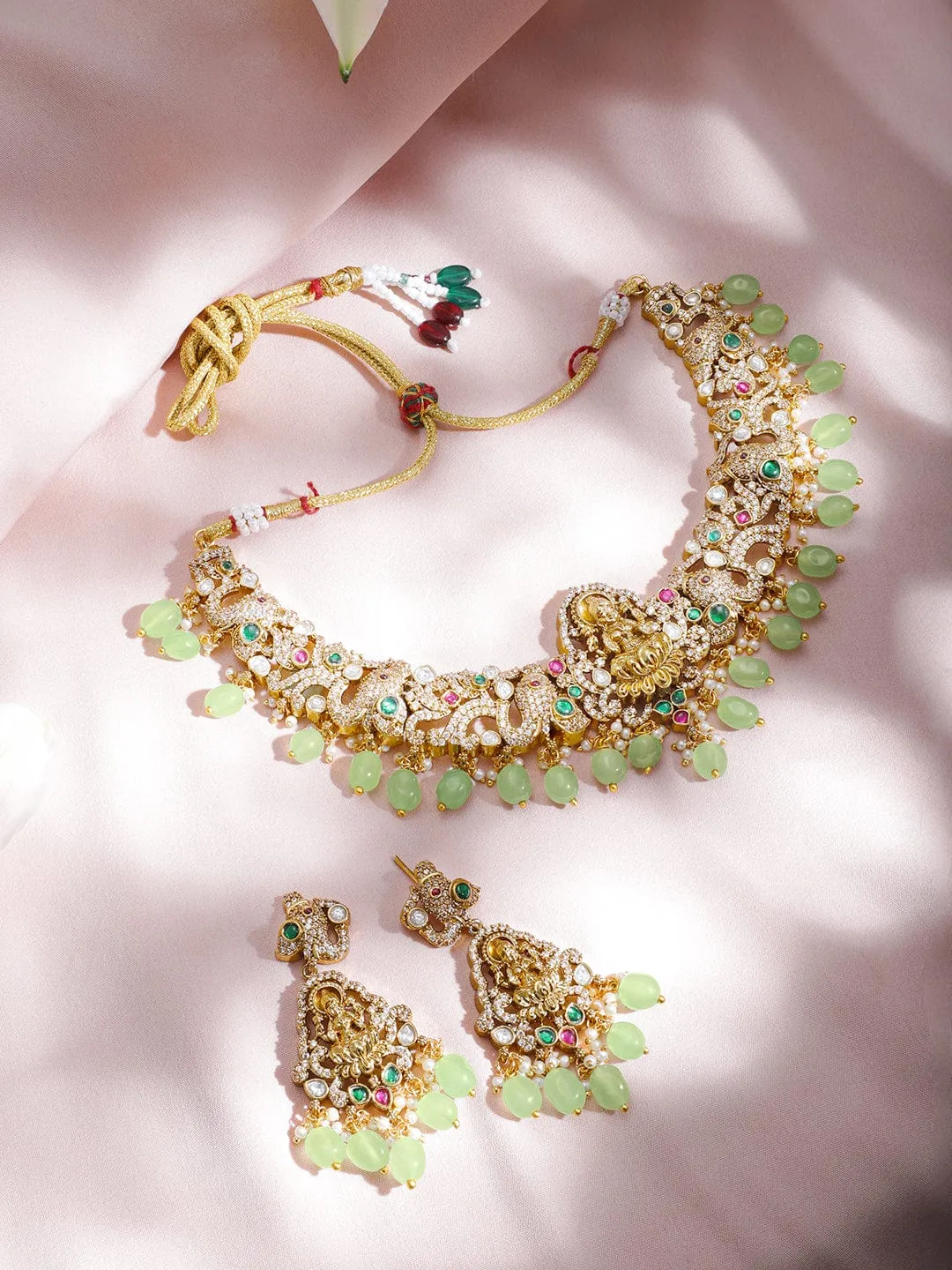 22KT Gold-Plated Cubic Zirconia-Studded  Beaded Necklace and Earrings
