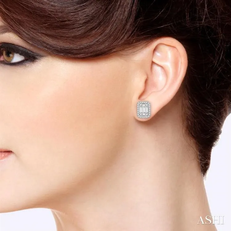 3/8 Ctw Octagonal Baguette & Round Cut Diamond Stud Earrings in 14K White Gold