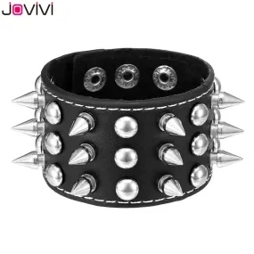 Black Leather Bracelet w/ 3 Rows of Spike and Rivet Details