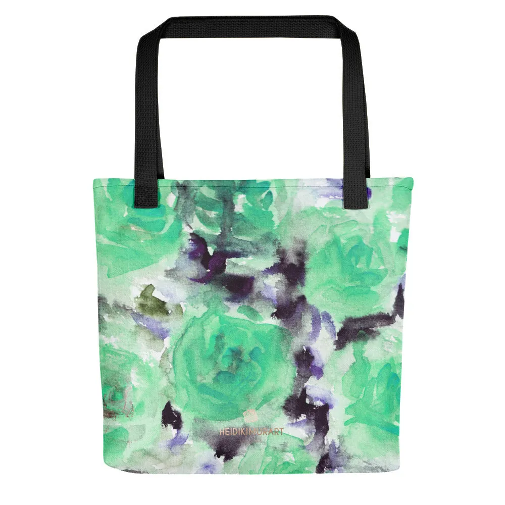 Blue Roses Tote Bag, Pastel Turquoise Blue Roses Floral Print Designer 15" x 15" Tote Bag - Made in USA/EU