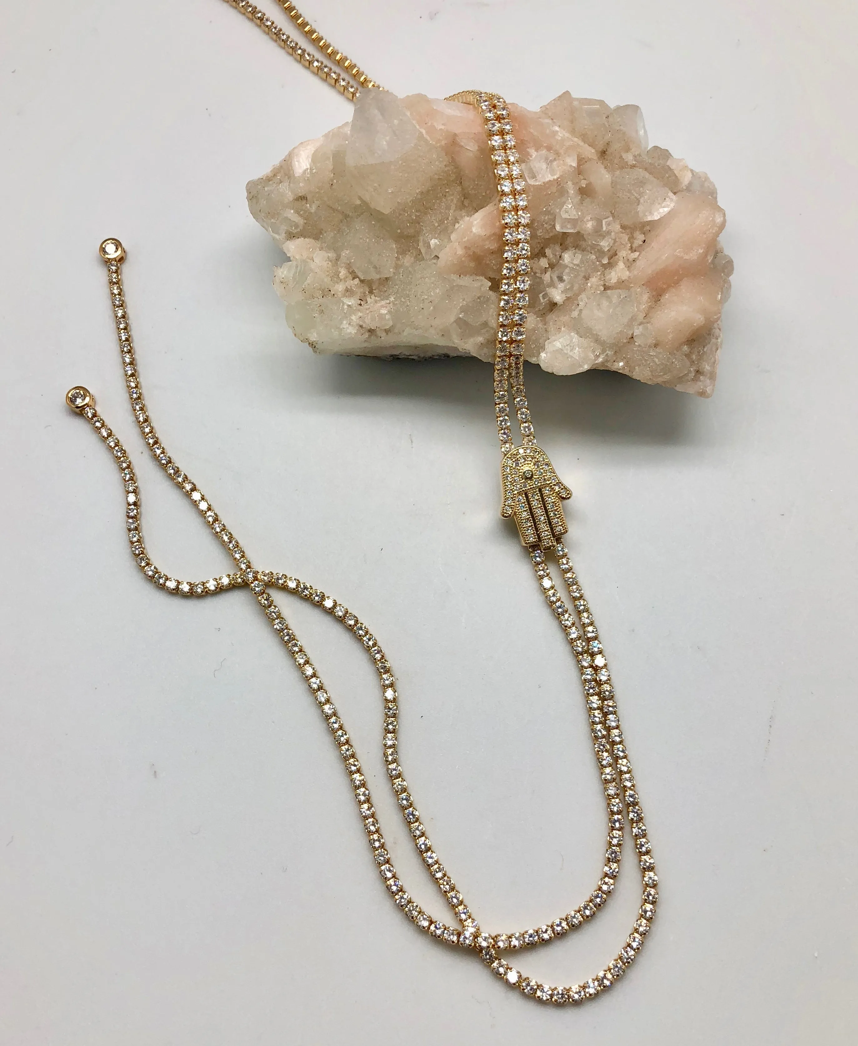 Brilliant Fortune Blingy Gold and Crystal Hamsa Slide Necklace