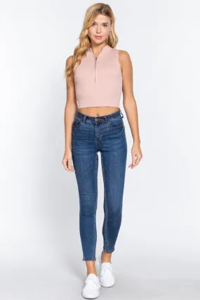 Cloud Pink Summer Zipper Knit Sleeveless Rib Sweater Tank Crop Top_