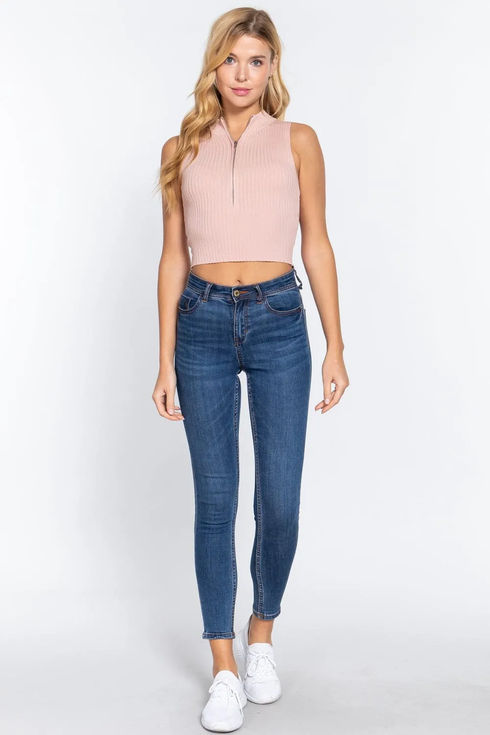Cloud Pink Summer Zipper Knit Sleeveless Rib Sweater Tank Crop Top_