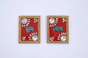 COCKTAIL Acrylic Pearls and Beads Crafted Kundan Studded Shubh Labh- Set of 3, Red | Perfect for Diwali Decoration, Home Entrance, Wall Decor, and Festive Celebrations