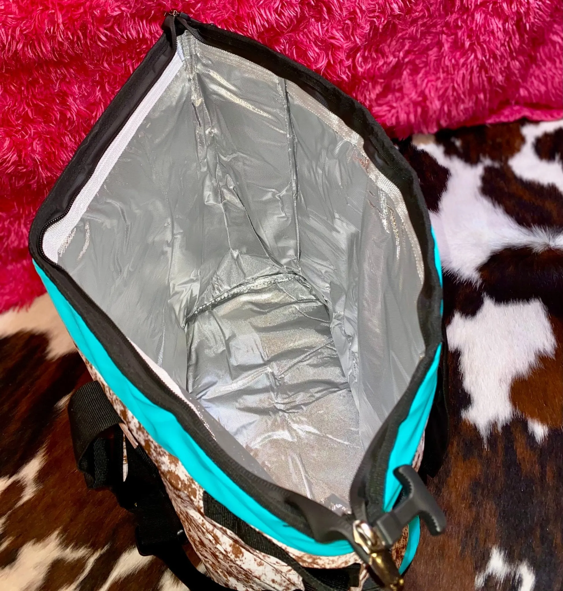 COW PRINT WITH TEAL TRIM COOLERS
