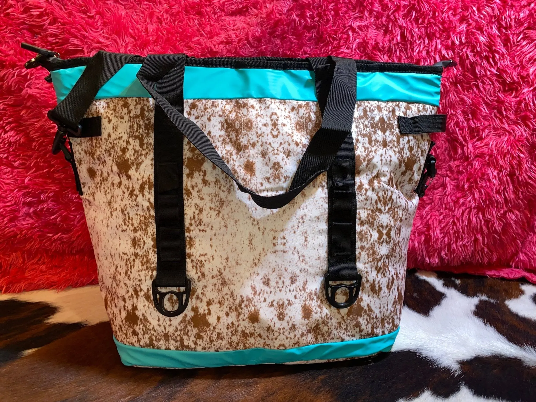COW PRINT WITH TEAL TRIM COOLERS