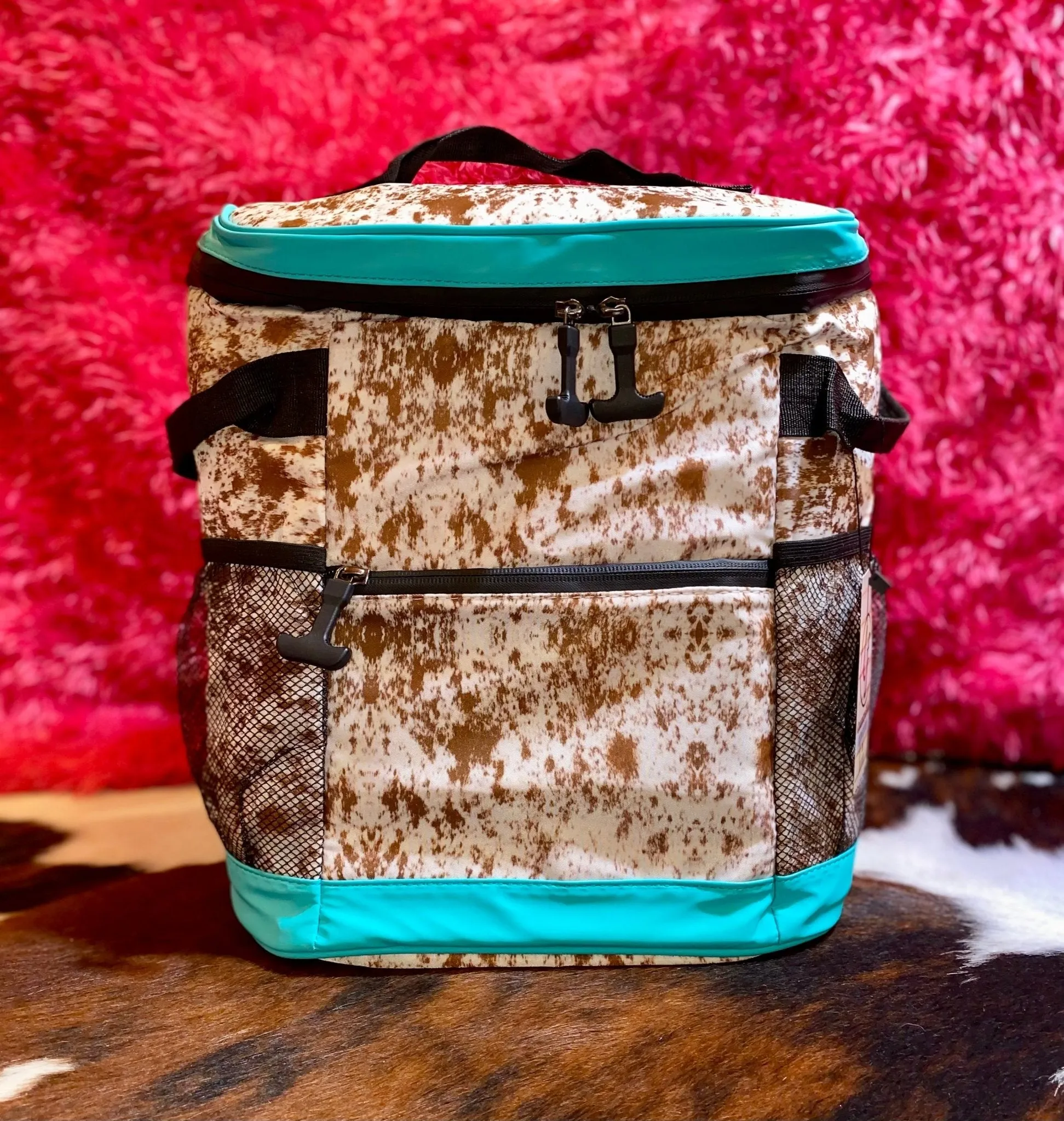 COW PRINT WITH TEAL TRIM COOLERS