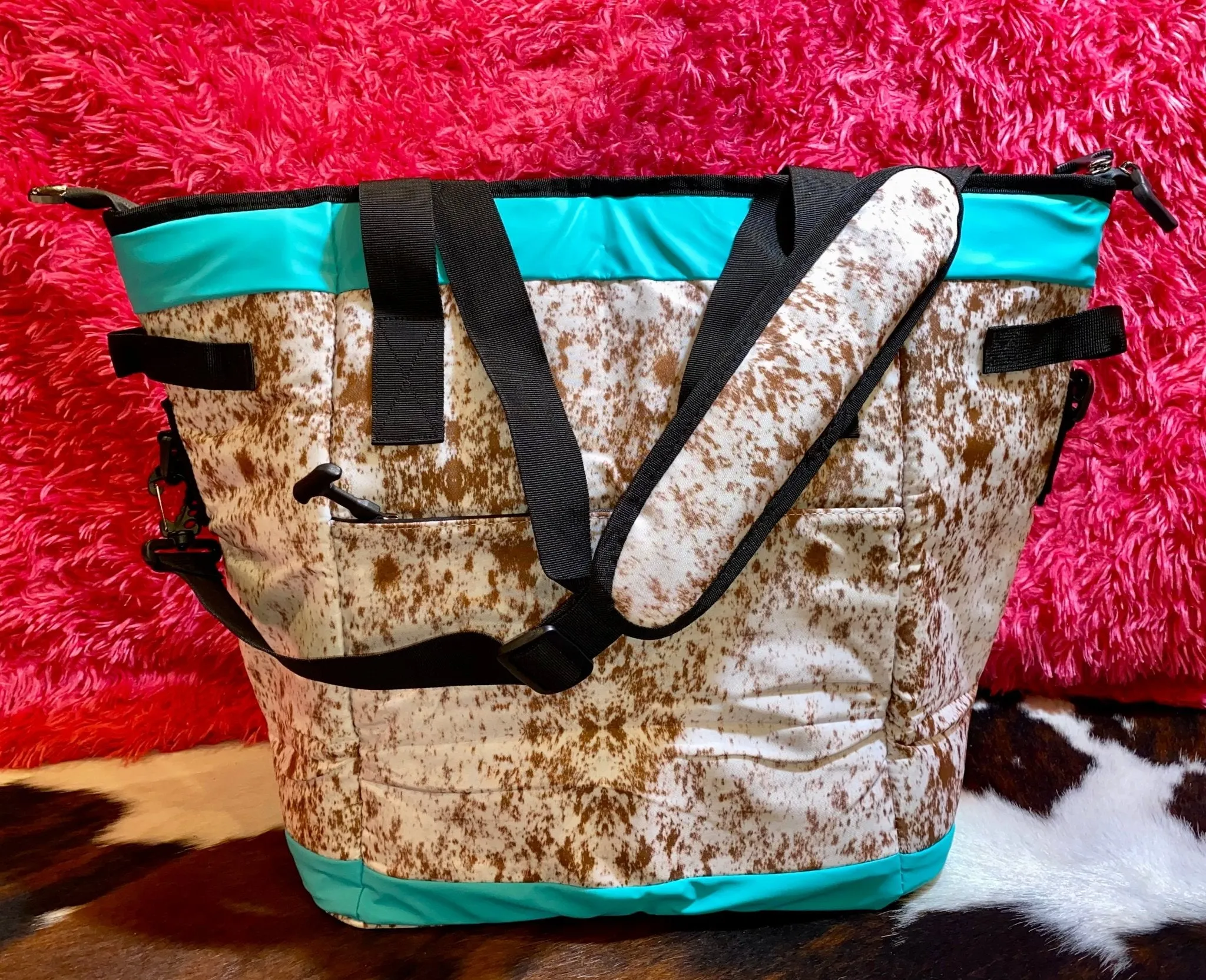COW PRINT WITH TEAL TRIM COOLERS