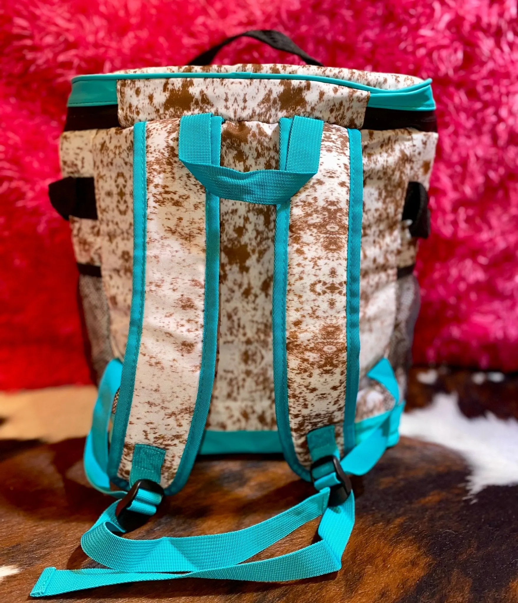 COW PRINT WITH TEAL TRIM COOLERS