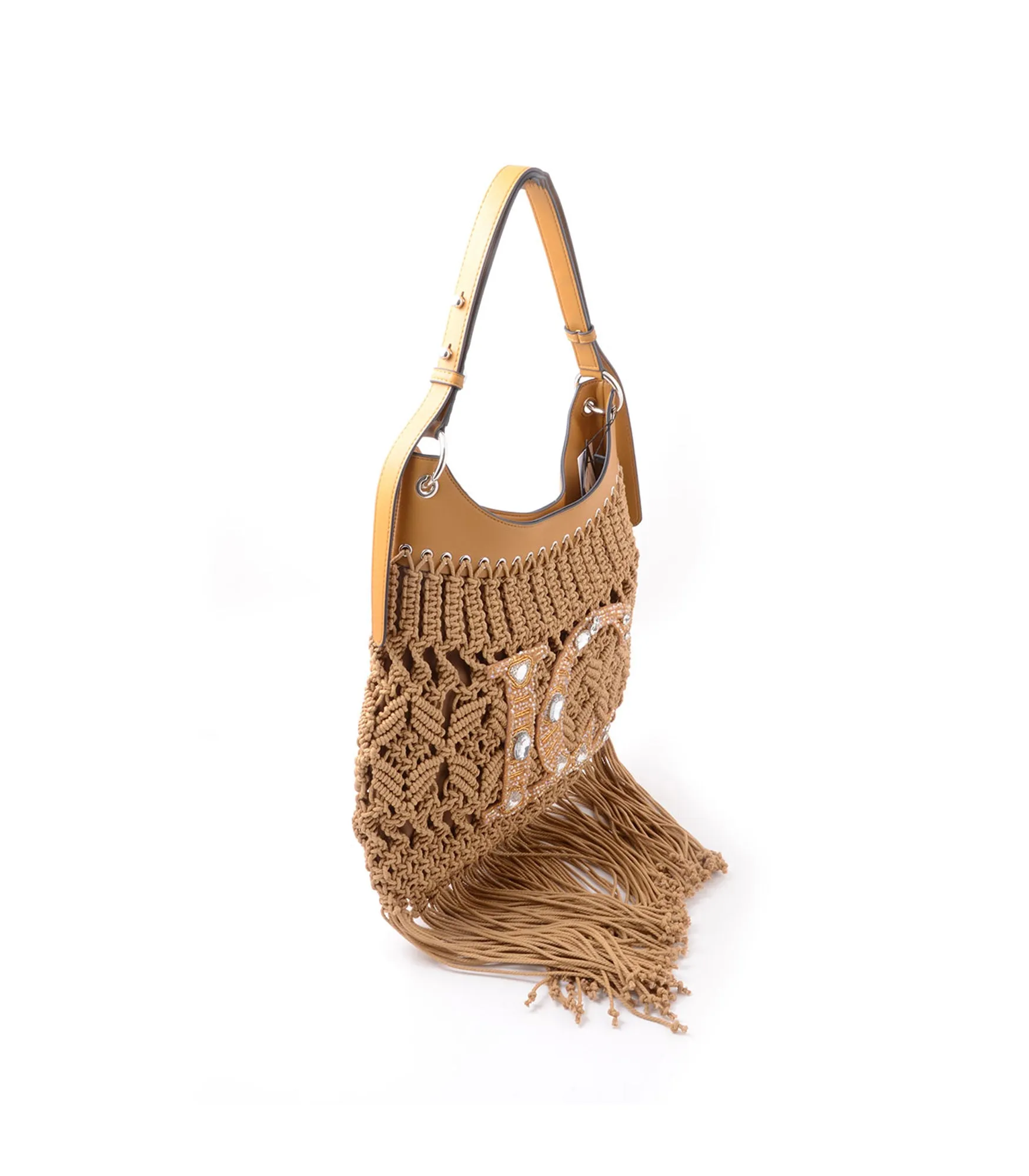 Crossroads Fringe Bag   Embroid Weaving Cotton - Beige