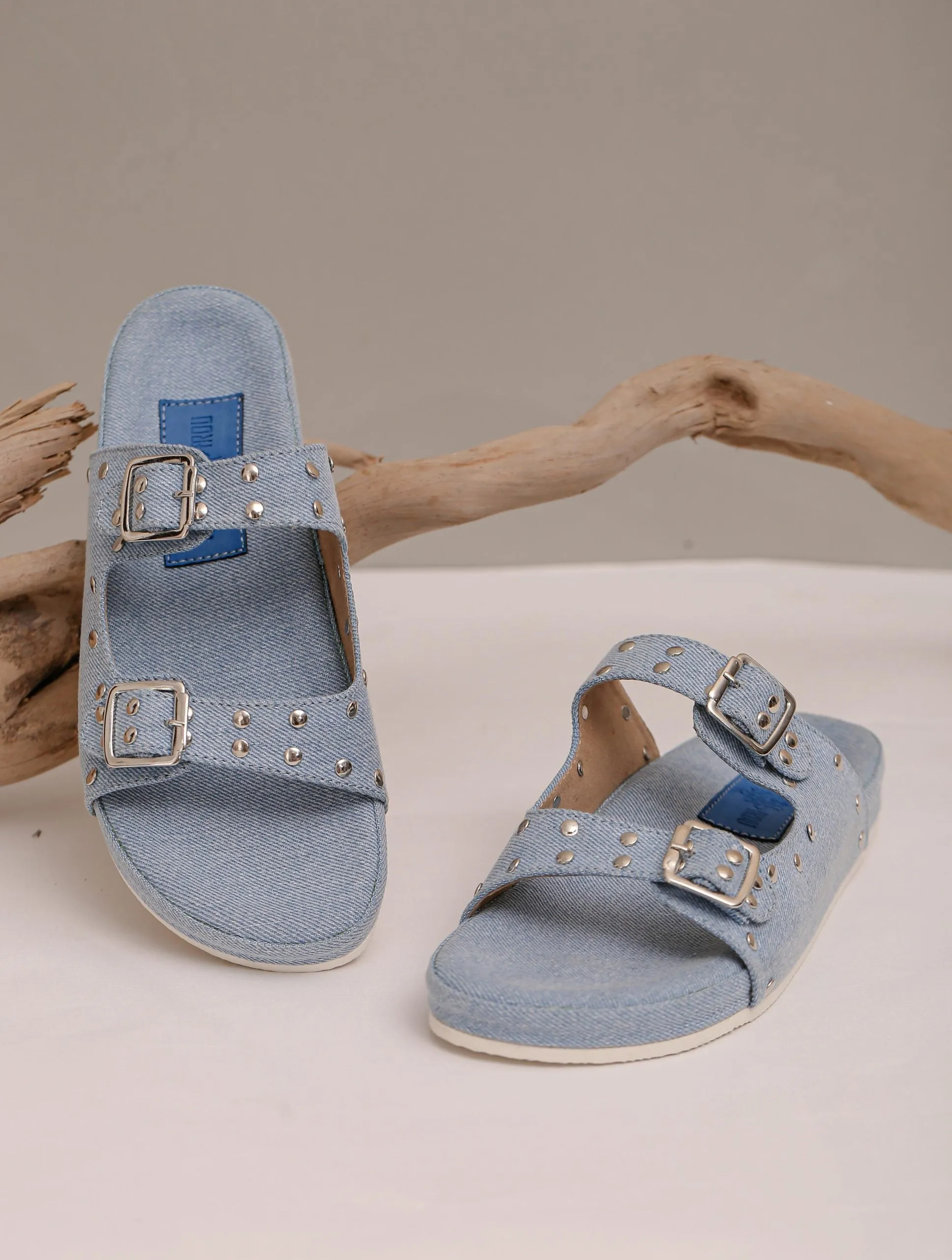 DENIM STUDDED SLIDERS