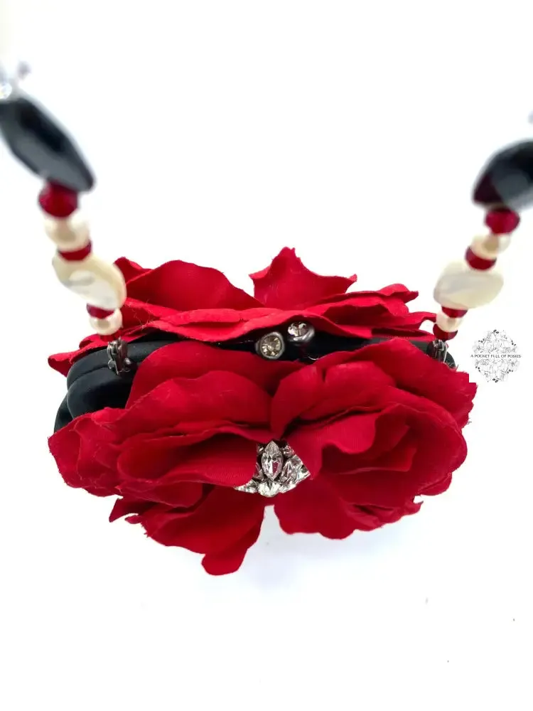 Evening Flower Bag | Vintage Rhinestone Buttons | Red Flower | Timeless Fashion | Beaded Handle