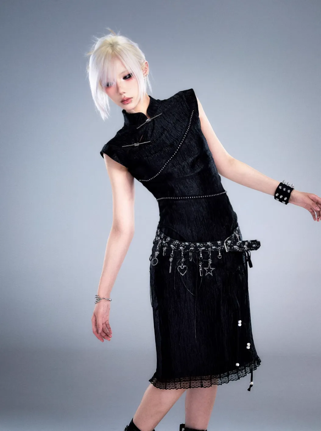 Frustration Garden Gothic Punk Charm Belt - Black Leather with Silver Charms and Studded Detail