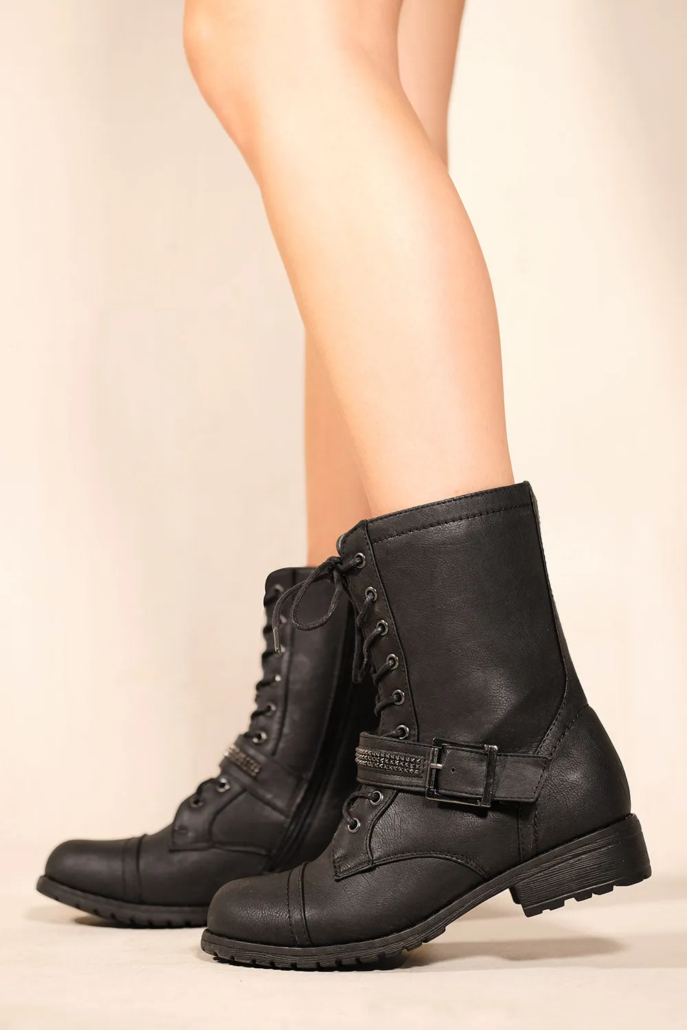 MAHALIE LOW HEEL ANKLE BOOTS WITH LACE UP & ZIP IN BLACK FAUX LEATHER