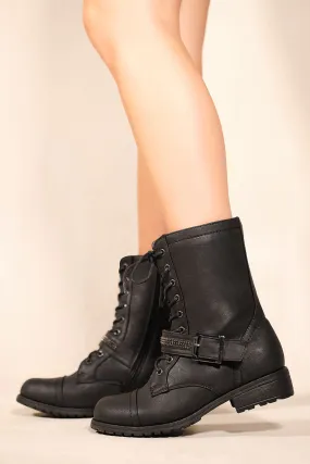 MAHALIE LOW HEEL ANKLE BOOTS WITH LACE UP & ZIP IN BLACK FAUX LEATHER