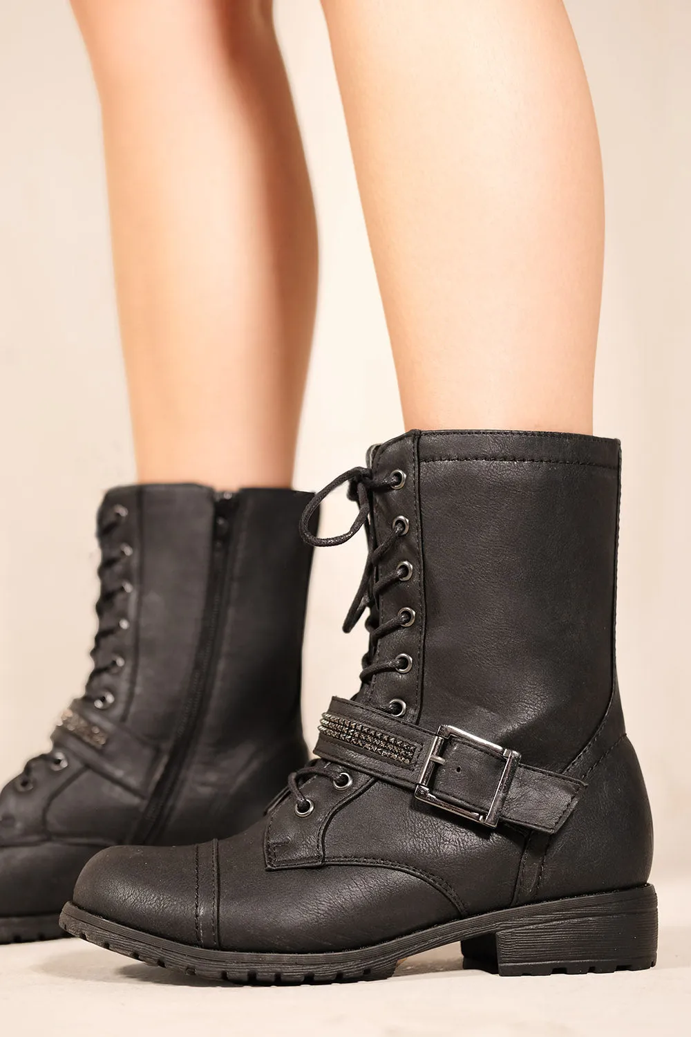 MAHALIE LOW HEEL ANKLE BOOTS WITH LACE UP & ZIP IN BLACK FAUX LEATHER