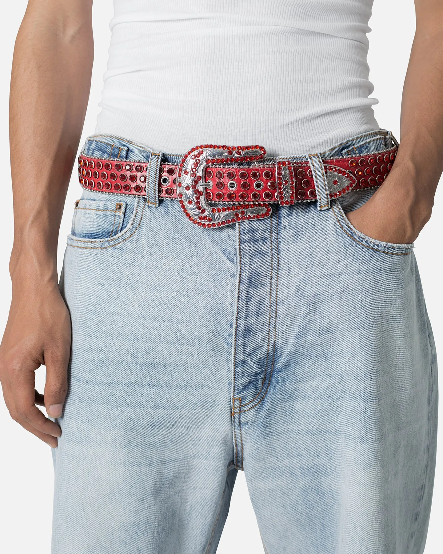 MNML All Over Rhinestone Studded Belt Red