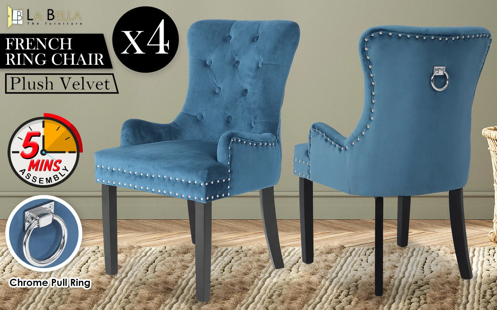 Navy Blue Velvet French Provincial Dining Chairs Set of 4