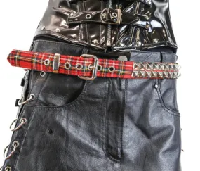 Red Plaid Belt w/ 2 Rows of Silver Pyramid Studs