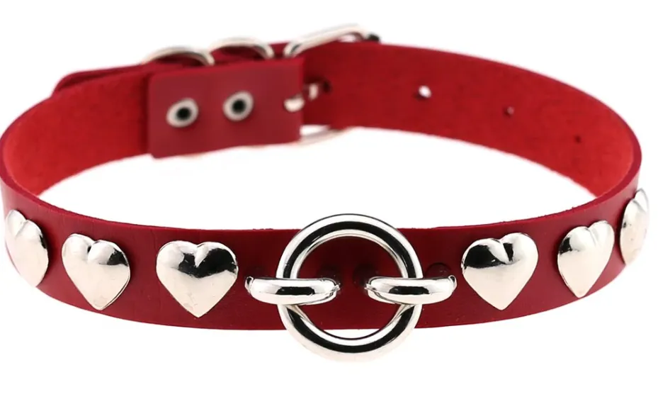 Red Vegan Leather Collar w/ Heart and O Ring Detail