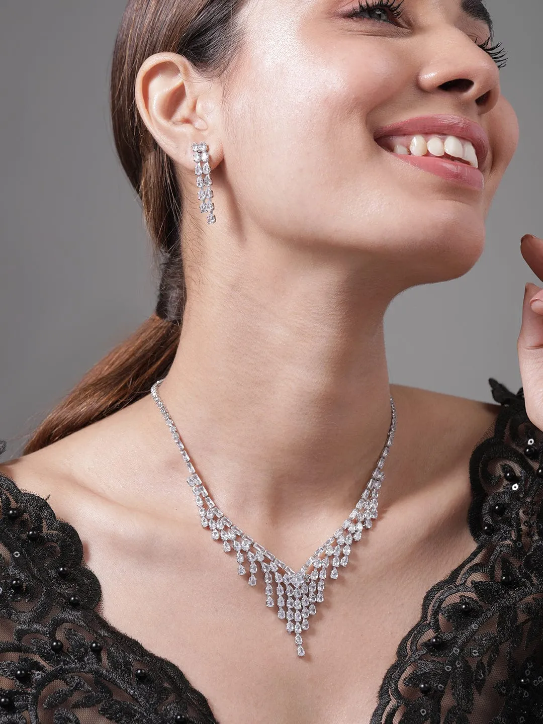 Rhodium Plated Crystal AD & Cubic Zirconia Studded Luxurious Layered Drop Necklace Set