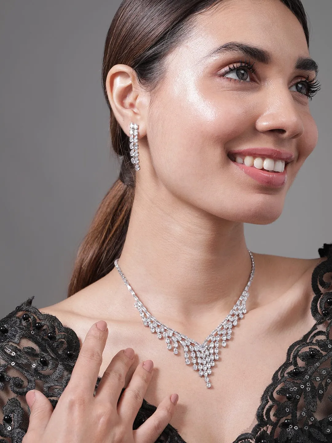 Rhodium Plated Crystal AD & Cubic Zirconia Studded Luxurious Layered Drop Necklace Set