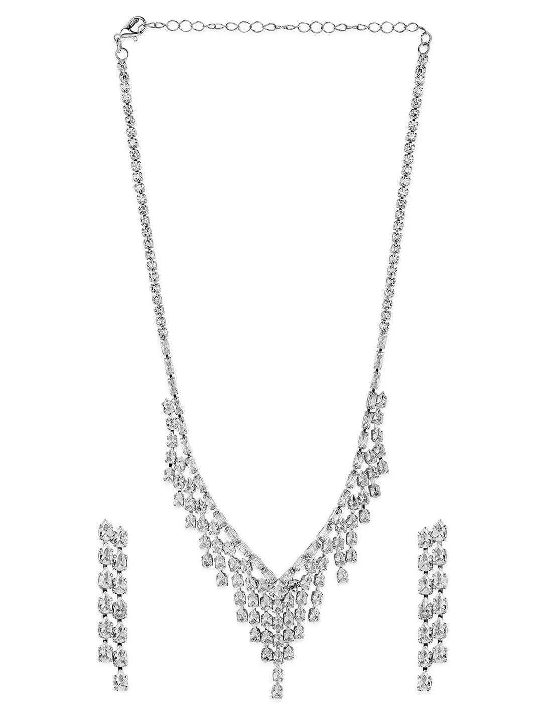 Rhodium Plated Crystal AD & Cubic Zirconia Studded Luxurious Layered Drop Necklace Set