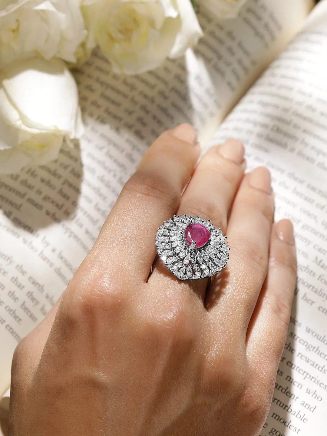 Rhodium Plated High Quality AD  Ruby Stone Studded Finger Ring