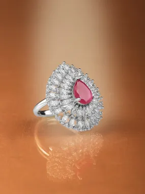 Rhodium Plated High Quality AD  Ruby Stone Studded Finger Ring