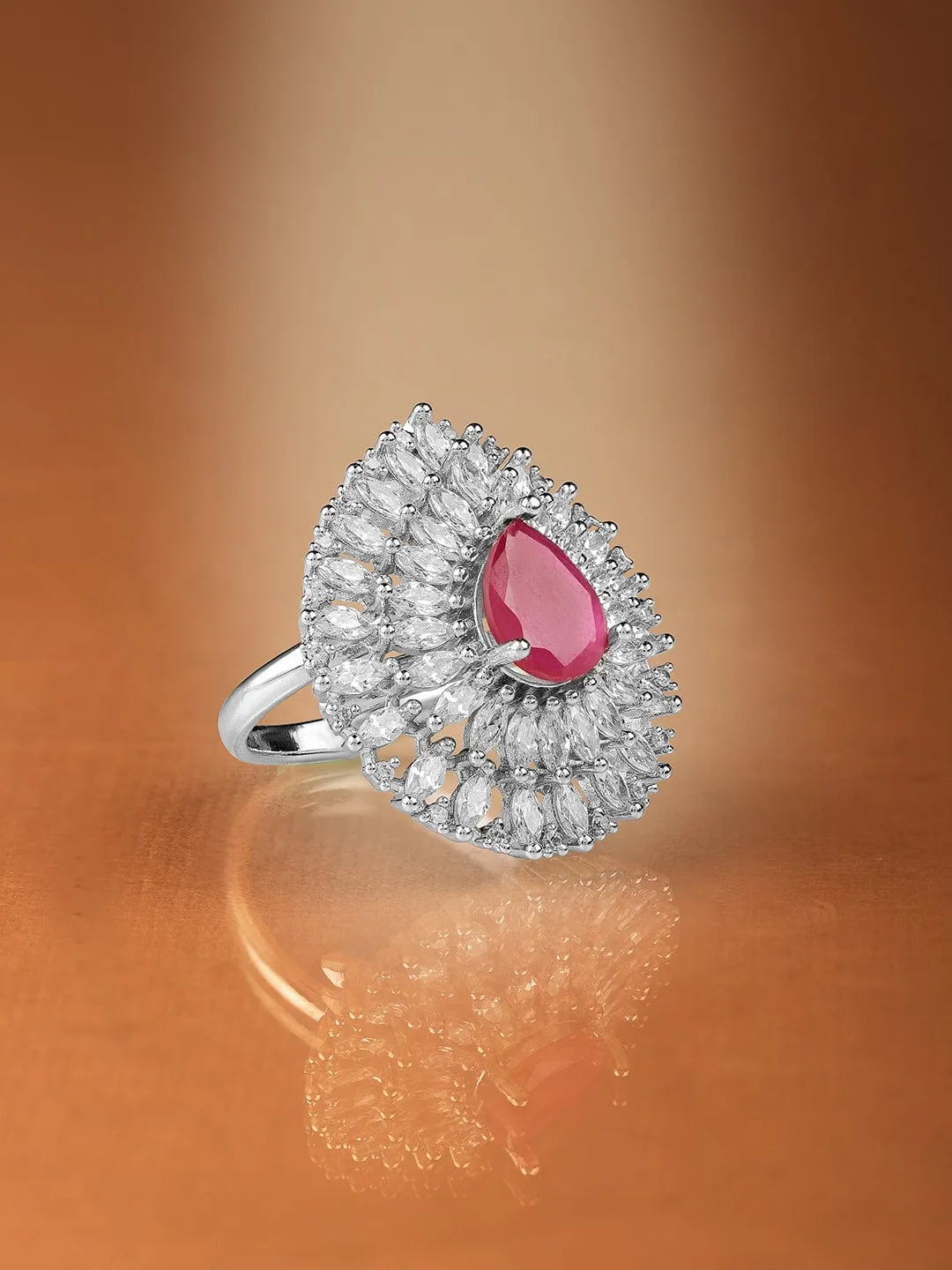 Rhodium Plated High Quality AD  Ruby Stone Studded Finger Ring