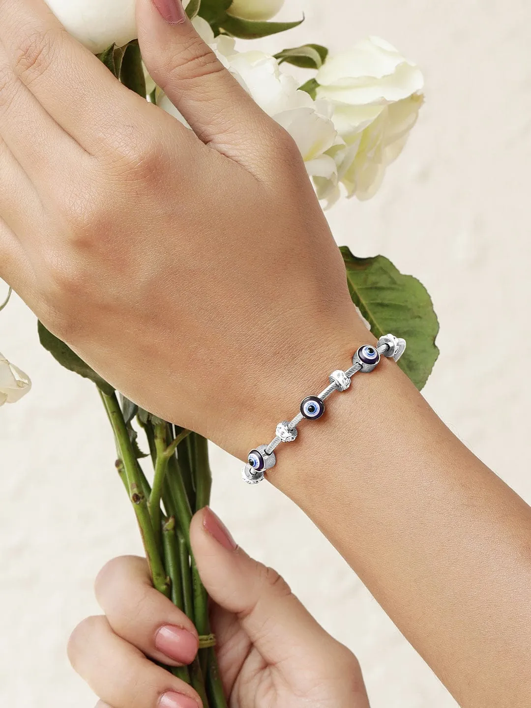 Rhodium-Plated in Silver Tone Stainless Steel Tarnish-Free Waterproof Demi-Fine CZ Studded Evil Eye Charm Bracelet