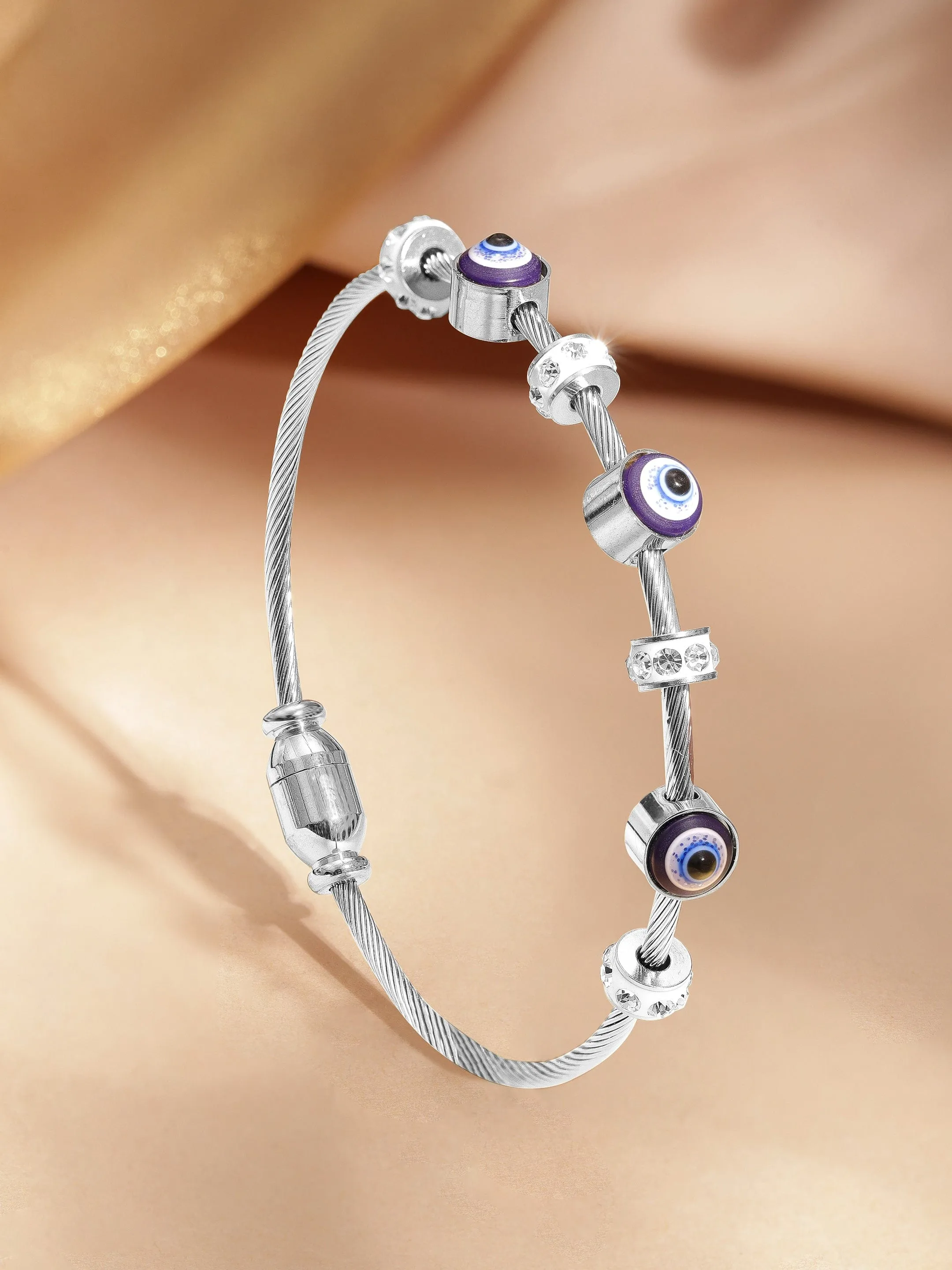 Rhodium-Plated in Silver Tone Stainless Steel Tarnish-Free Waterproof Demi-Fine CZ Studded Evil Eye Charm Bracelet