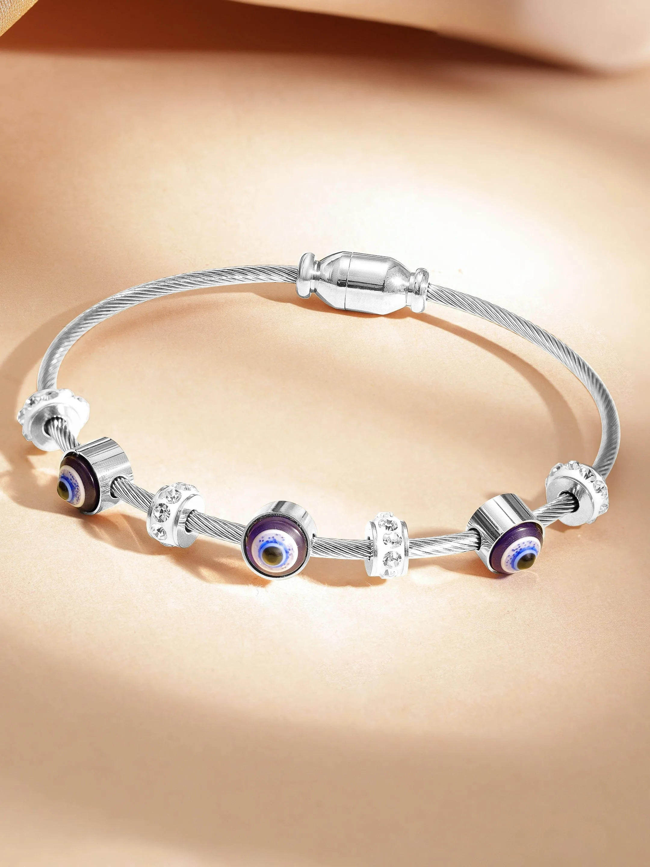 Rhodium-Plated in Silver Tone Stainless Steel Tarnish-Free Waterproof Demi-Fine CZ Studded Evil Eye Charm Bracelet