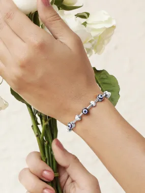 Rhodium-Plated in Silver Tone Stainless Steel Tarnish-Free Waterproof Demi-Fine CZ Studded Evil Eye Charm Bracelet