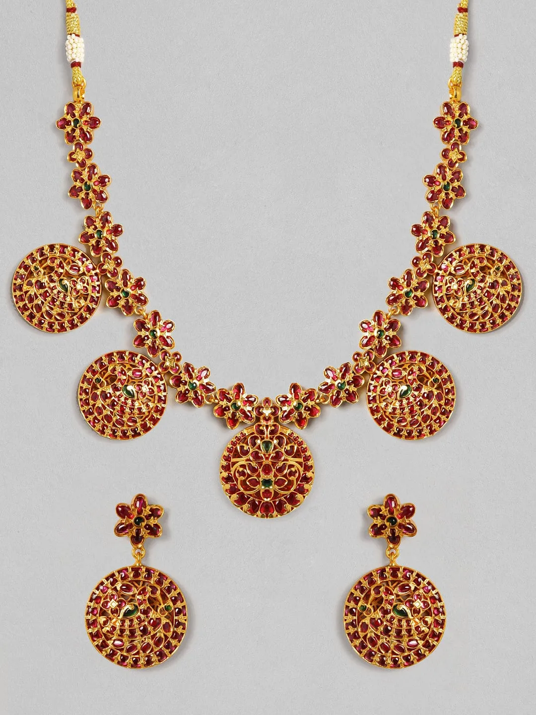 Rubans 22K Gold Plated Red  Green Artifical Stone Studded Handcrafted Traditional Necklace Set