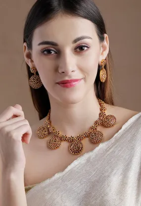 Rubans 22K Gold Plated Red  Green Artifical Stone Studded Handcrafted Traditional Necklace Set