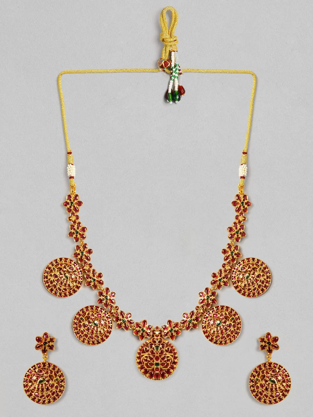Rubans 22K Gold Plated Red  Green Artifical Stone Studded Handcrafted Traditional Necklace Set