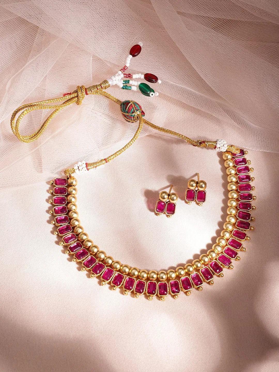 Rubans 22KT Gold-Plated Brass Red Stone Studded Necklace Set