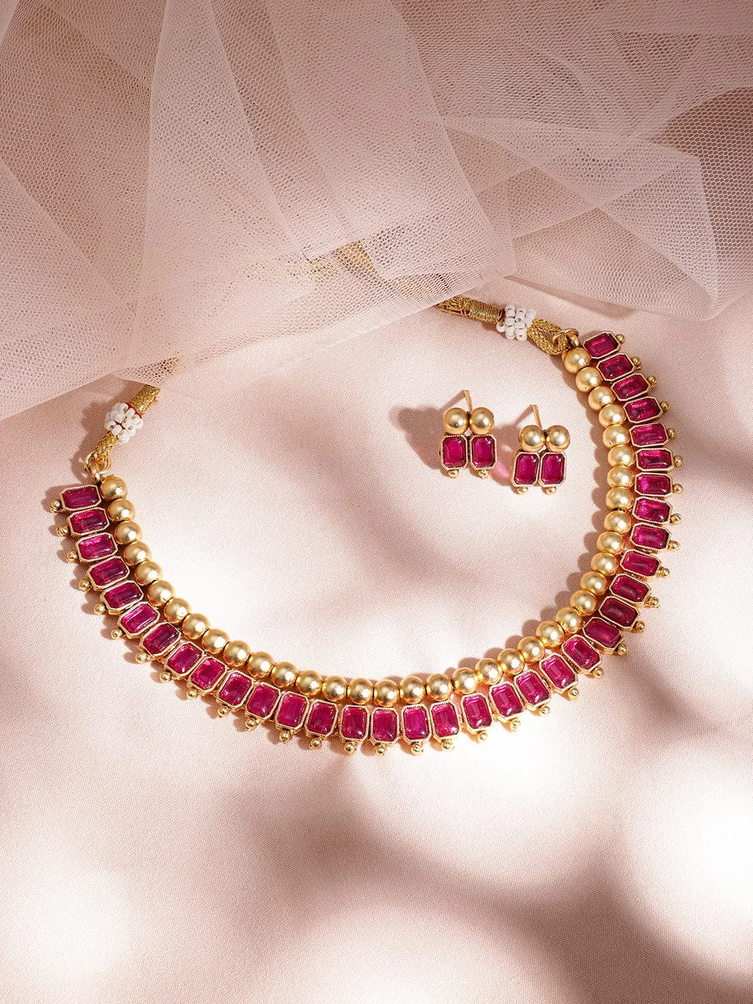 Rubans 22KT Gold-Plated Brass Red Stone Studded Necklace Set