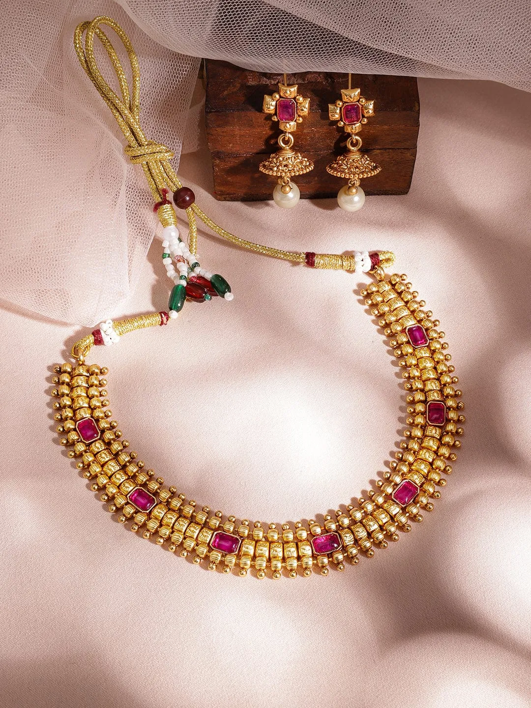 Rubans 22KT Gold Plated Brass Red Stone Studded Pearls Hanging Layered Necklace Set