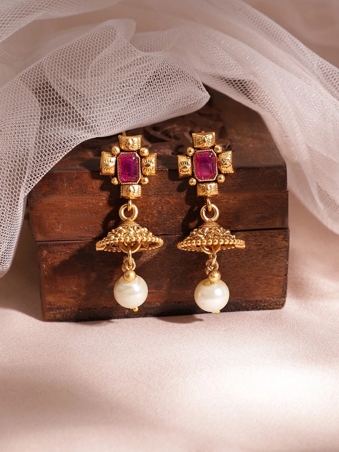 Rubans 22KT Gold Plated Brass Red Stone Studded Pearls Hanging Layered Necklace Set