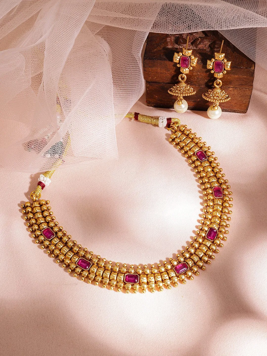 Rubans 22KT Gold Plated Brass Red Stone Studded Pearls Hanging Layered Necklace Set