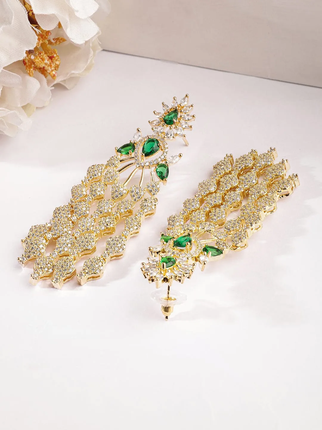 Rubans Gold-Plated Cubic Zirconia-Studded & Beaded Contemporary Drop Earrings